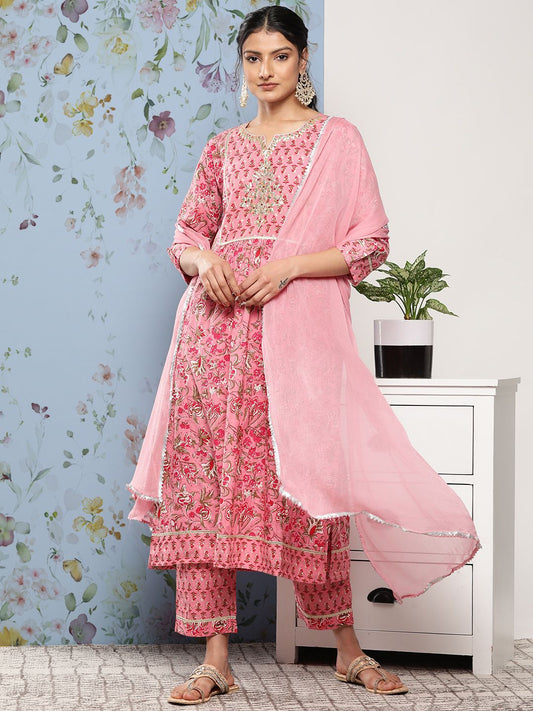 Dhiyona VA Women's Pink Floral Printed Gotta Patti Pure Cotton Kurta with Trousers & With Dupatta