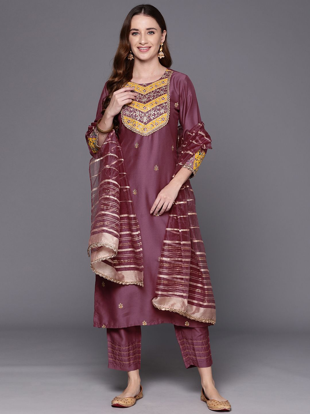 Embroidered Regular Sequinned Kurta with Trousers & Dupatta