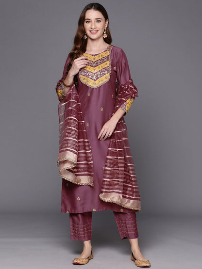 Embroidered Regular Sequinned Kurta with Trousers & Dupatta