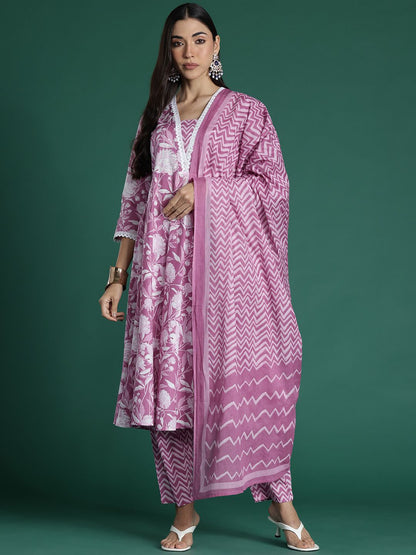 Dhiyona IE Women Floral Printed Regular Pure Cotton Kurta with Trousers & With Dupatta