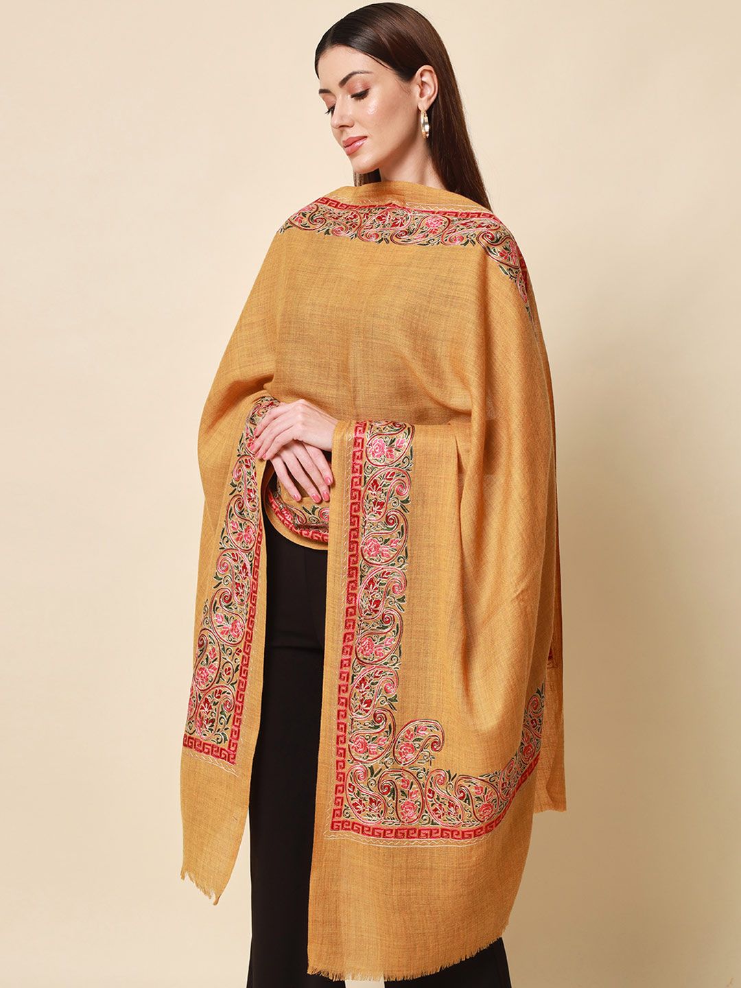 Dhiyona PA Women Yellow & Pink Embroidered Woolen Shawl