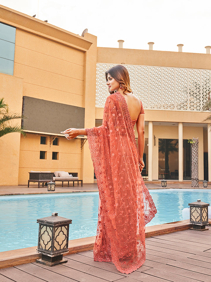 Dhiyona TI Women's Rust Colored Net Embroidered Saree with Faux Diamonds with Unstitched Blouse