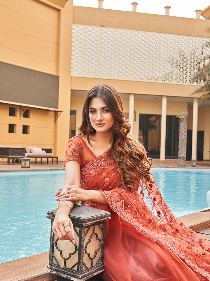Dhiyona TI Women's Rust Colored Net Embroidered Saree with Faux Diamonds with Unstitched Blouse