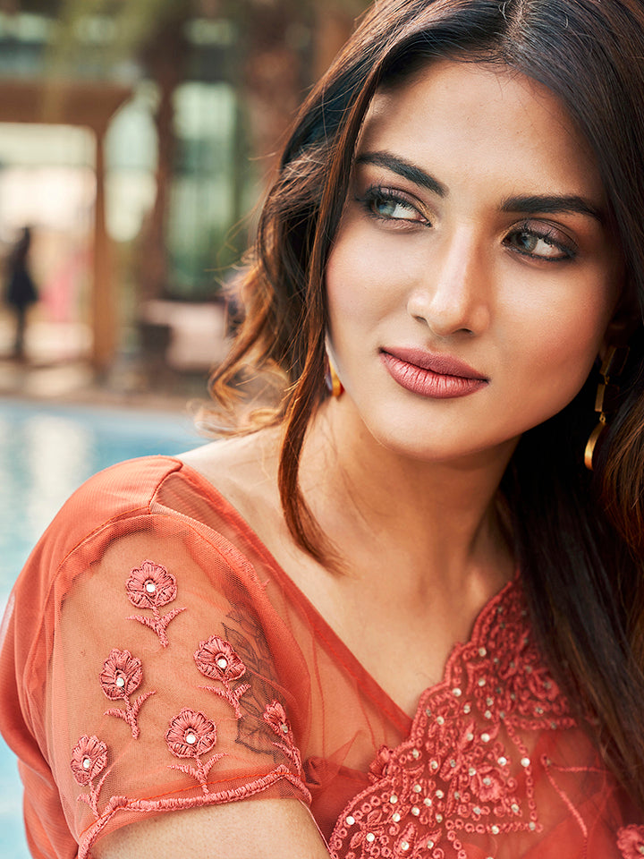 Dhiyona TI Women's Rust Colored Net Embroidered Saree with Faux Diamonds with Unstitched Blouse