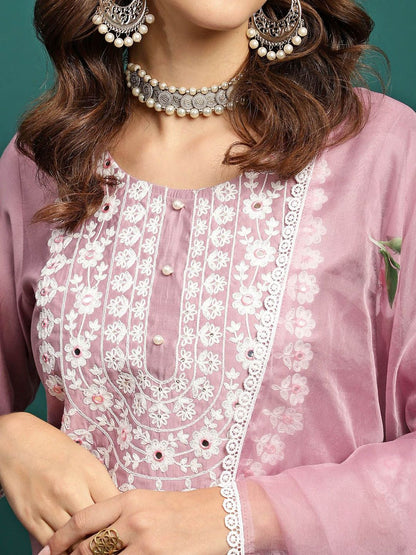 Dhiyona SN Women's Embroidered Round-Neck Kurta With Trouser & Dupatta