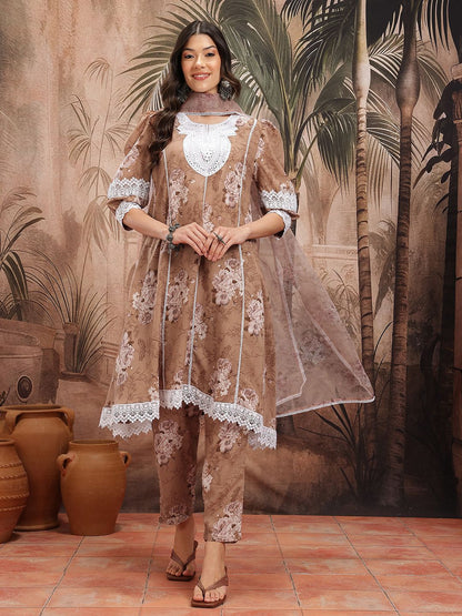 Dhiyona SN Women's Floral Print Paneled Kurta with Trousers & Dupatta