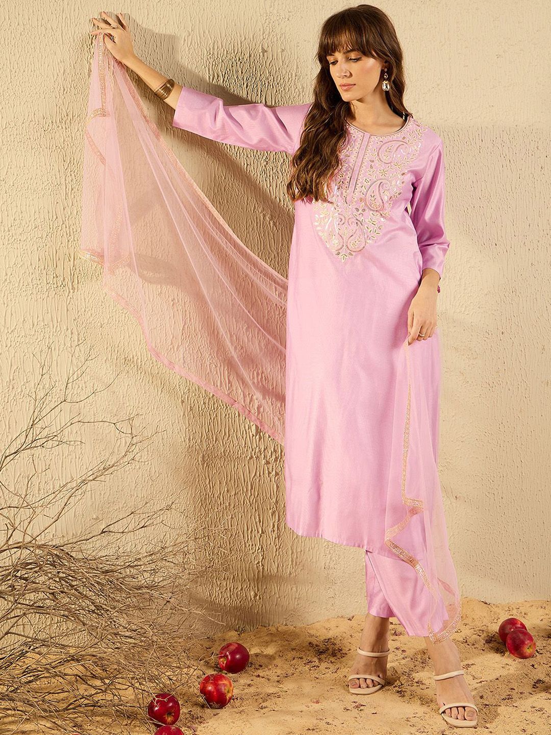 Women Ethnic Motifs Embroidered Regular Thread Work Liva Kurta with Trousers & With Dupatta