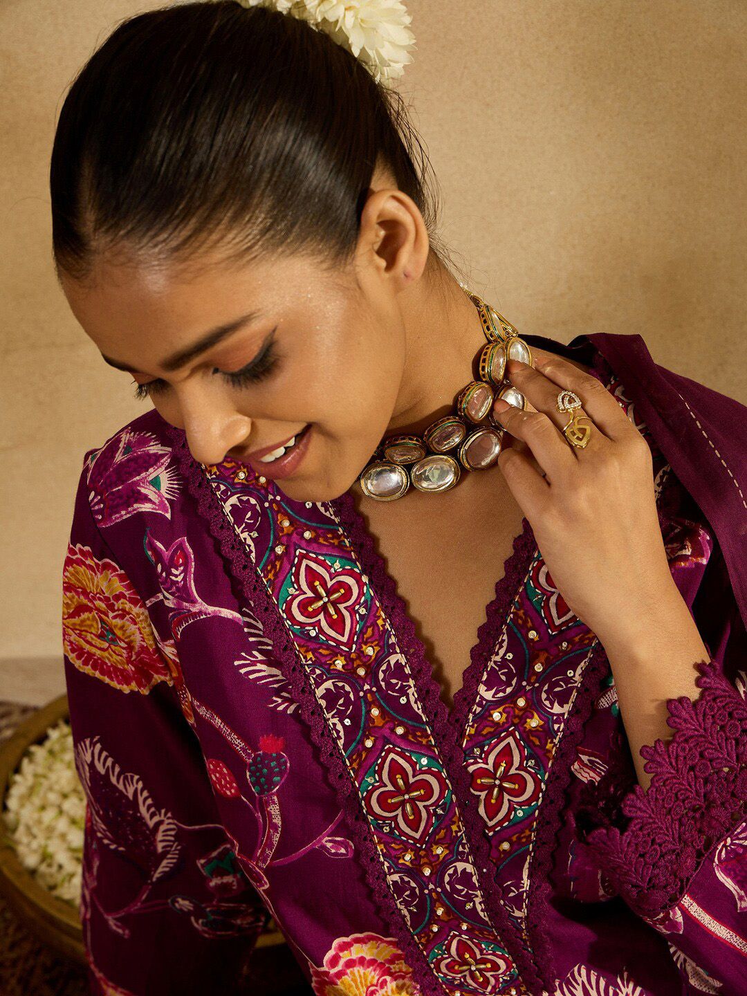 Dhiyona IE Burgundy Floral Printed V-Neck Sequinned Pure Cotton Straight Kurta Set