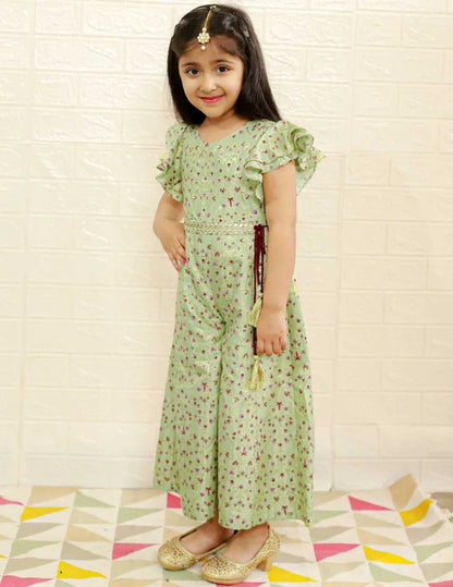 Girls Fusion Ethnic Flared pant jumpsuit with ruffle sleeve