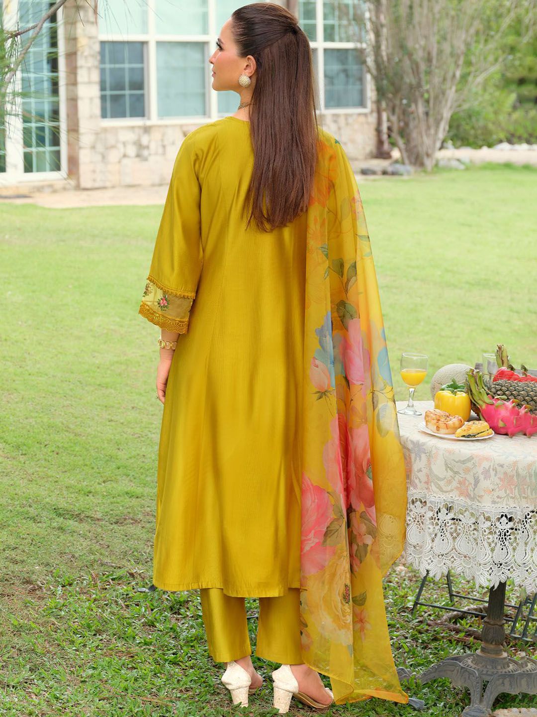 Floral Embroidered Thread Work Tieup Neck A-Line Kurta With Trousers & Dupatta