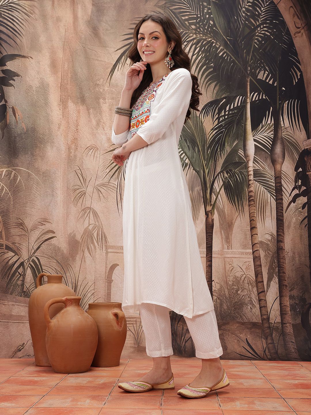 Dhiyona SN Women's Yoke Design Mirror Work Embroidered Kurta With Trousers & Bandhani Print Dupatta
