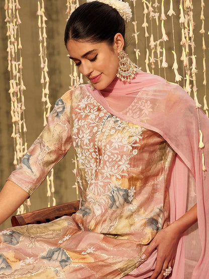 Dhiyona IE Floral Embroidered Round Neck Thread Work Straight Kurta with Trousers & Dupatta