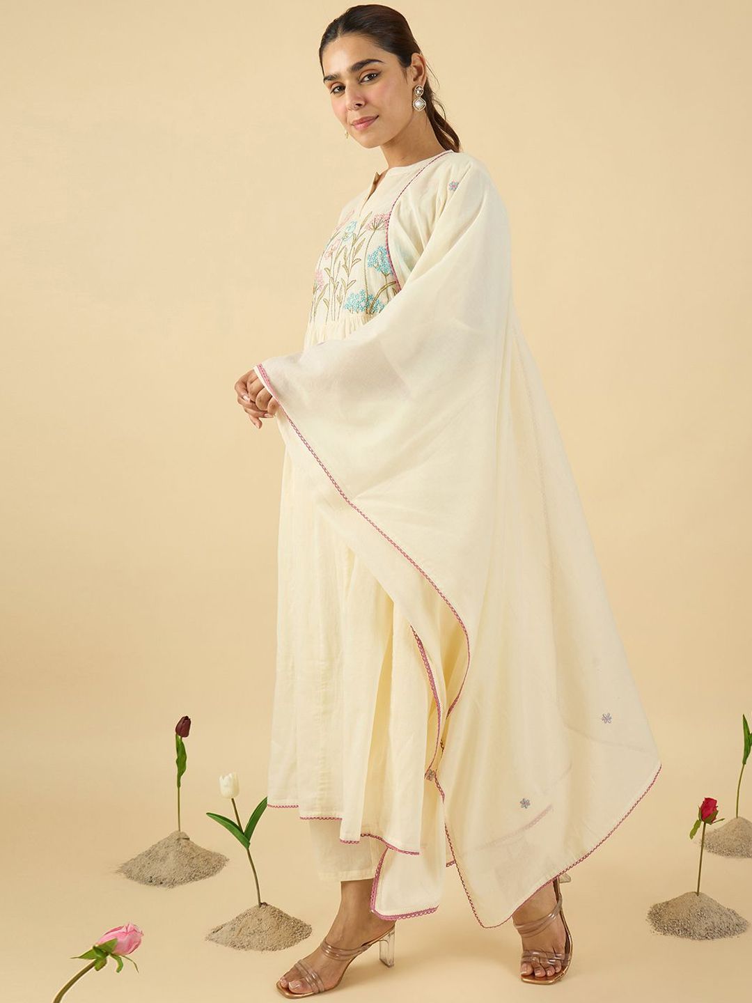 Women Floral Embroidered Cotton Kurta with Trousers & Dupatta