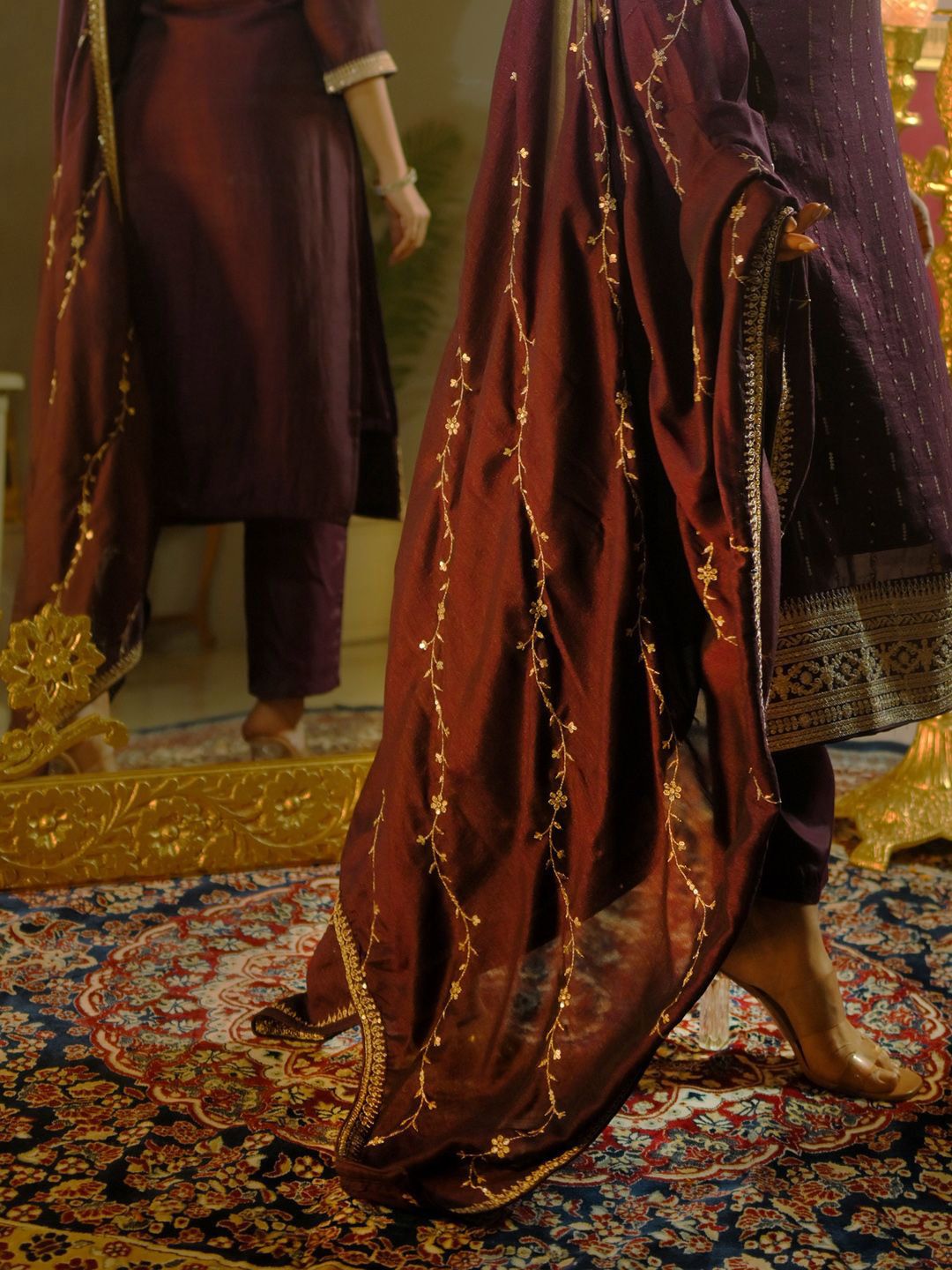 Sequinned Embroidered Round Neck Kurta With Trousers & Dupatta