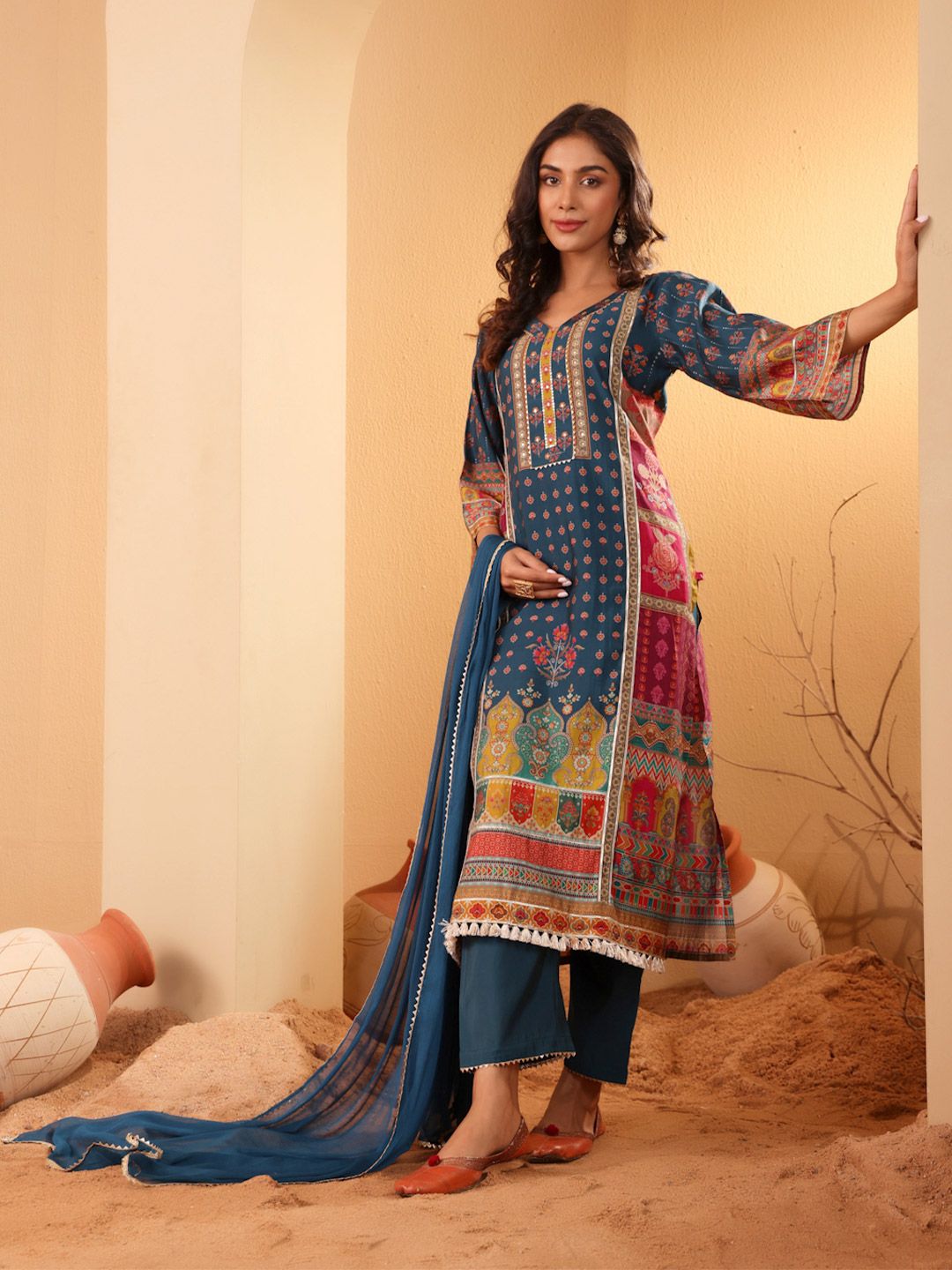 Dhiyona VA Women'sEthnic Motifs Printed Sequnnied Chanderi Silk Kurta With Trousers And Dupatta