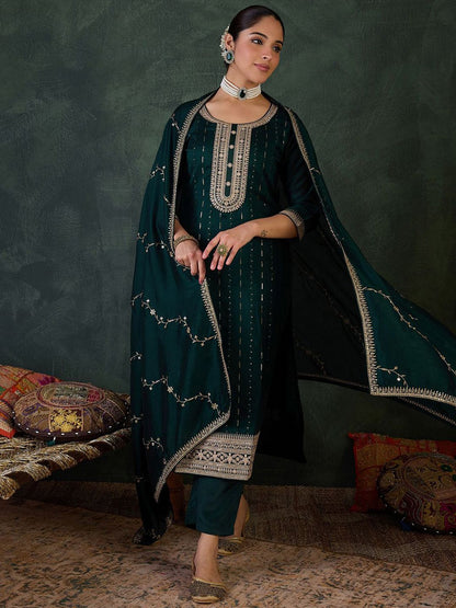 Women Ethnic Motifs Regular Sequinned Kurta with Trousers & With Dupatta