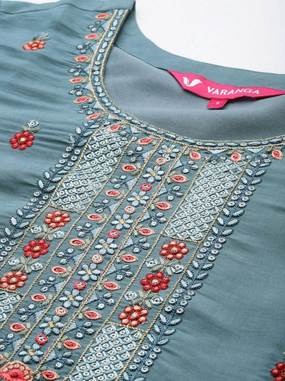 Dhiyona VA Women's Floral Embroidered Regular Sequined Kurta with Trousers & Dupatta