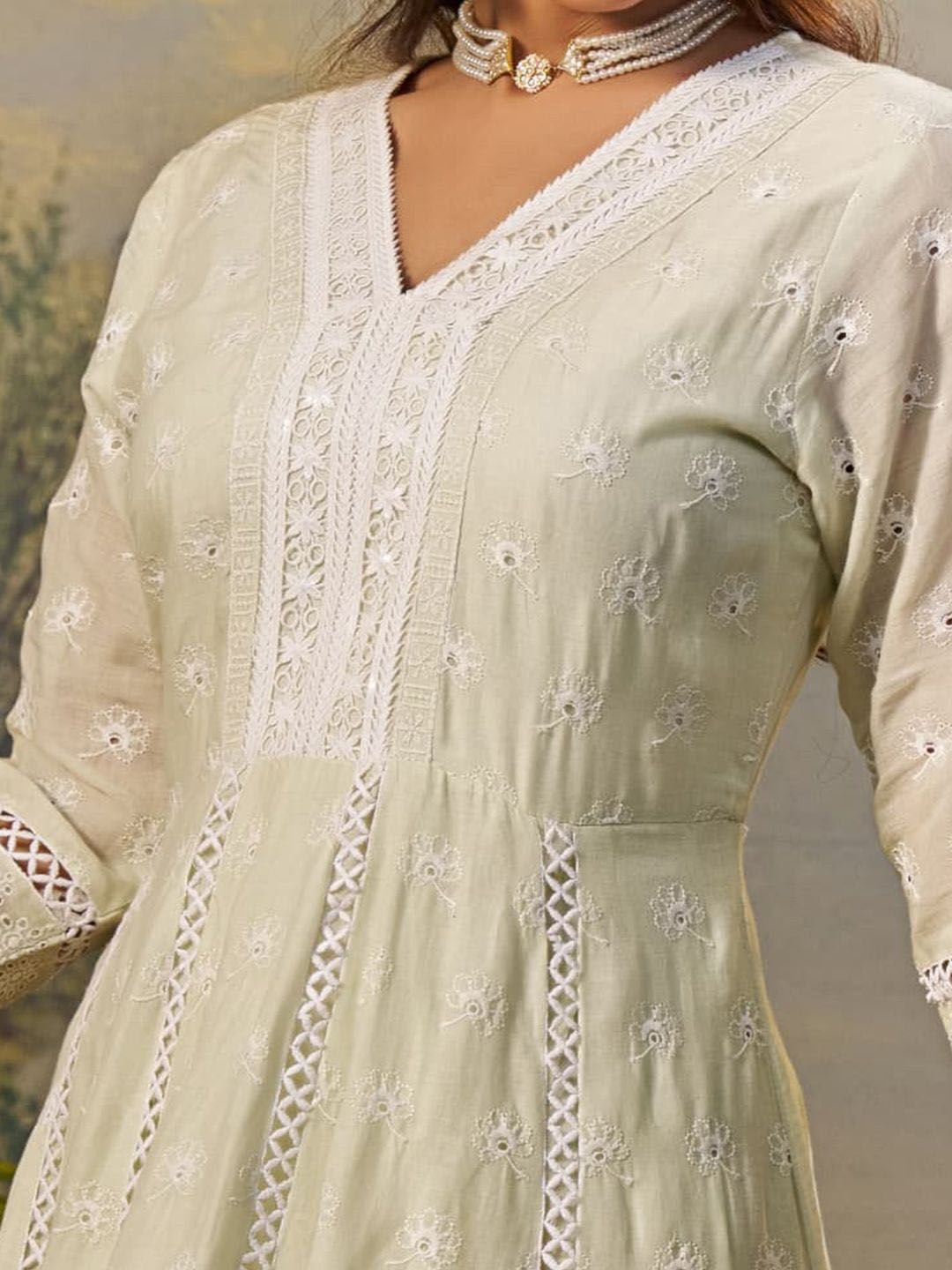 Floral Embroidered Pure Cotton Anarkali Kurta With Trousers & Dupatta