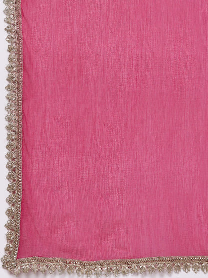 Dhiyona VA Women's Fuchsia Bandhani Printed Regular Gotta Patti Kurta with Trousers & With Dupatta