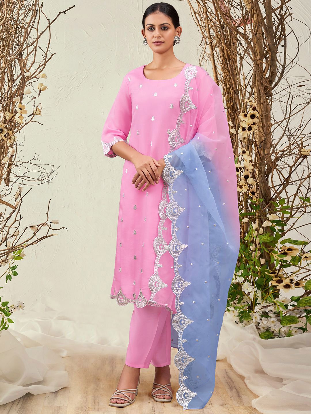Dhiyona IE Women Ethnic Motifs Embroidered Regular Kurta with Trousers & With Dupatta