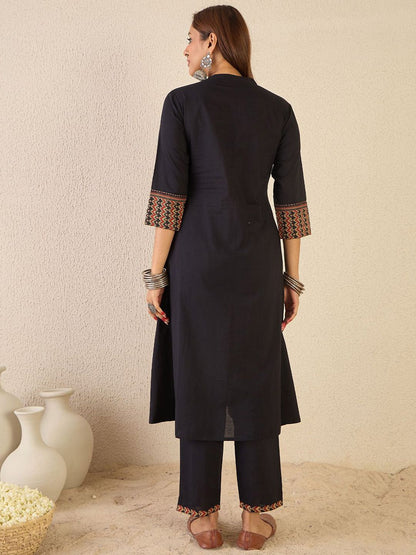 Ethnic Motifs Printed Mandarin Collar A Line Pure Cotton Kurta With Trousers