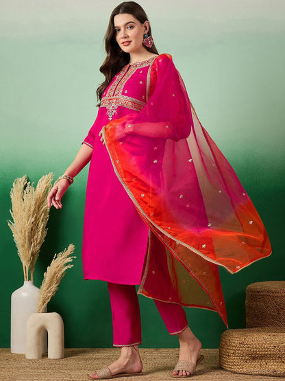 Dhiyona SN Women's Notch Neck Embroidered Straight Kurta With Trouser & Dupatta Set