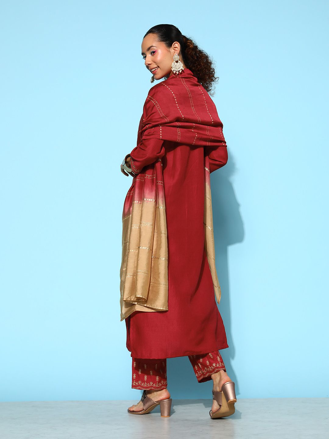 Dhiyona VA Women's Maroon Ethnic Motifs Embroidered Kurta With Trousers & Dupatta