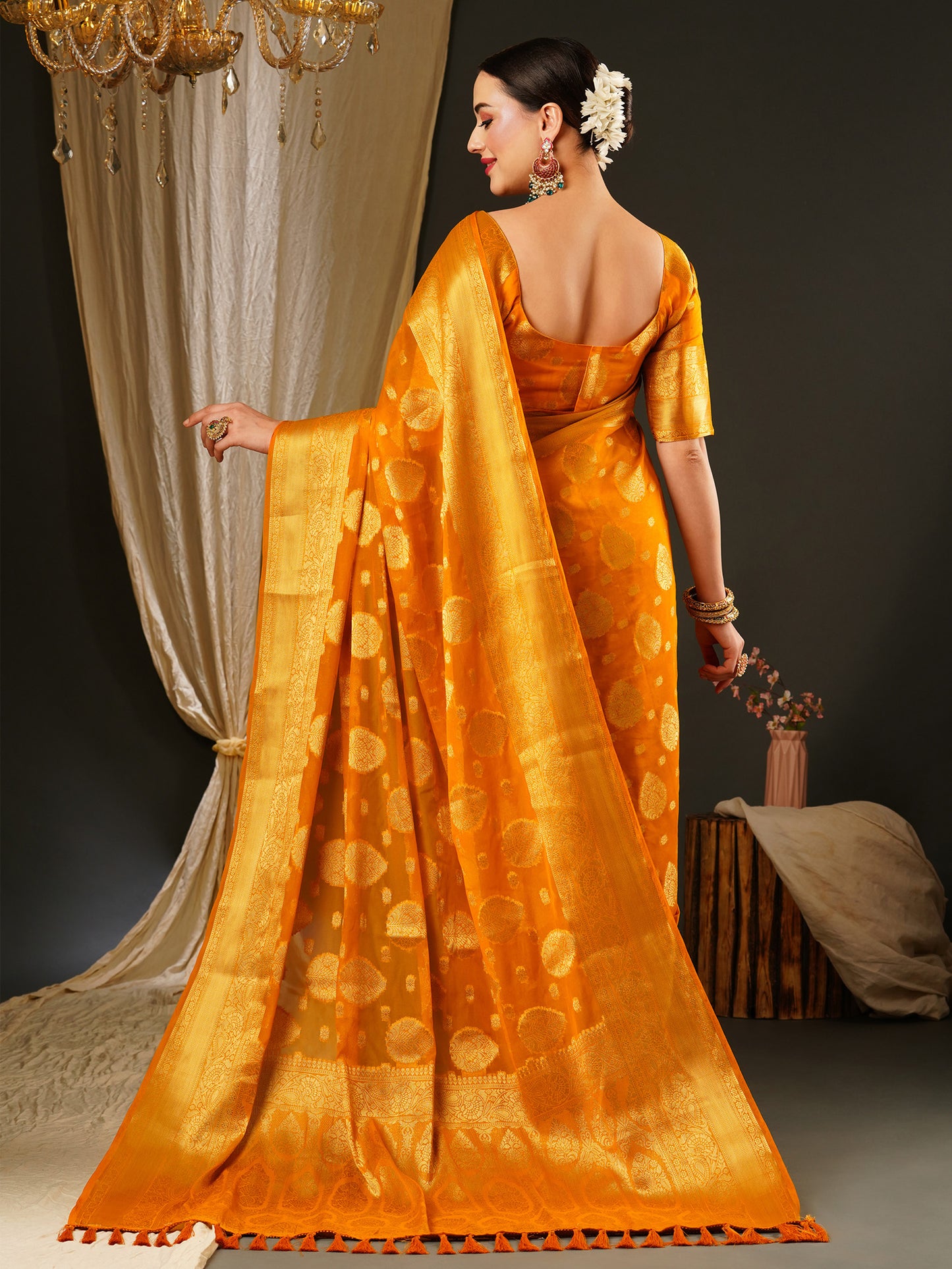 Women's Georgette Yellow Woven Design Celebrity Saree With Blouse Piece
