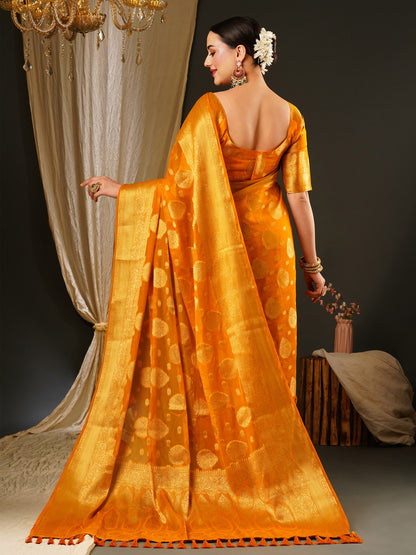 Women's Georgette Yellow Woven Design Celebrity Saree With Blouse Piece