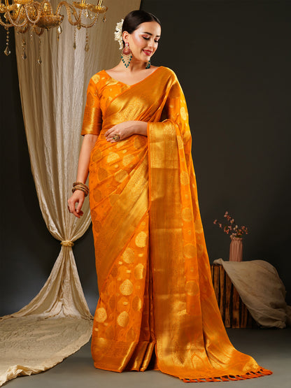 Women's Georgette Yellow Woven Design Celebrity Saree With Blouse Piece
