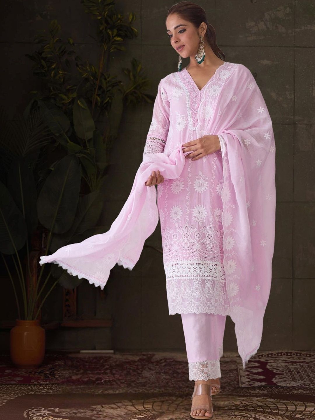 Dhiyona IE Women Ethnic Motifs Embroidered Regular Chikankari Pure Cotton Kurta with Trousers & With Dupatta