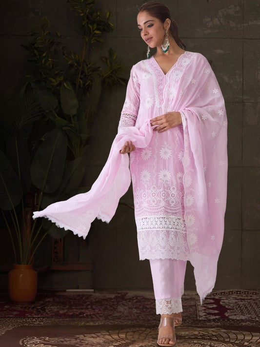 Women Ethnic Motifs Embroidered Regular Chikankari Pure Cotton Kurta with Trousers & With Dupatta