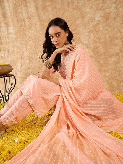 Floral Printed Straight Mirror Work Kurta with Trousers & Dupatta