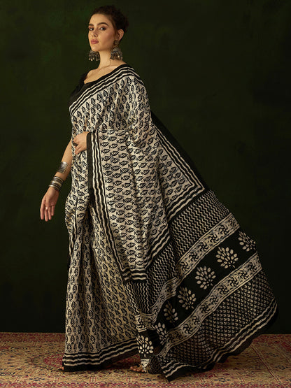 Women's Bhagalpuri Silk Beige Printed Designer Saree With Blouse Piece
