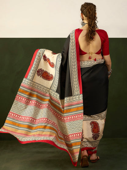Women's Bhagalpuri Silk Black Printed Designer Saree With Blouse Piece