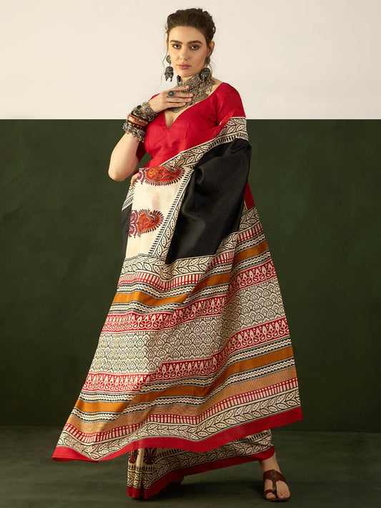Women's Bhagalpuri Silk Black Printed Designer Saree With Blouse Piece