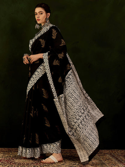 Women's Bhagalpuri Silk Black Printed Designer Saree With Blouse Piece