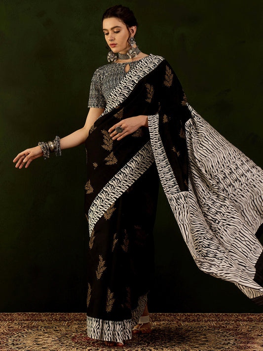Women's Bhagalpuri Silk Black Printed Designer Saree With Blouse Piece