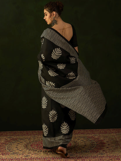 Women's Bhagalpuri Silk Black Printed Designer Saree With Blouse Piece