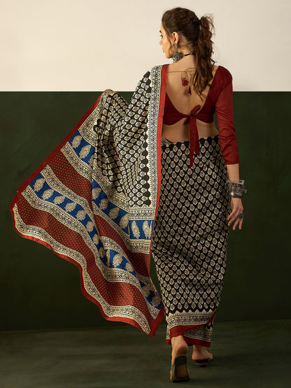 Women's Bhagalpuri Silk Black Printed Designer Saree With Blouse Piece