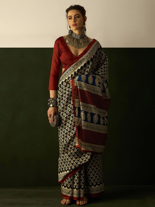 Women's Bhagalpuri Silk Black Printed Designer Saree With Blouse Piece