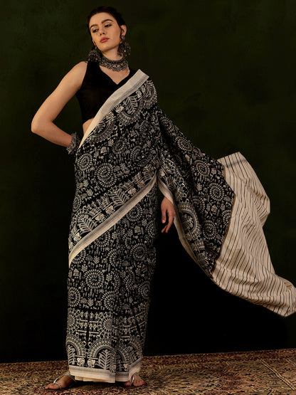 Women's Bhagalpuri Silk Black Printed Designer Saree With Blouse Piece