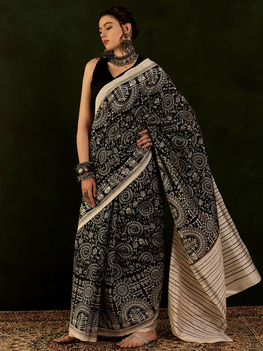 Women's Bhagalpuri Silk Black Printed Designer Saree With Blouse Piece