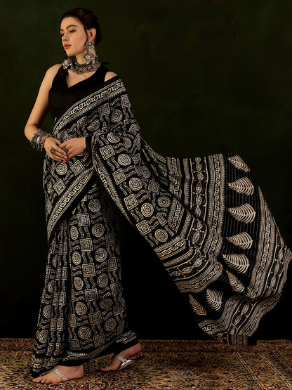 Women's Bhagalpuri Silk Black Printed Designer Saree With Blouse Piece