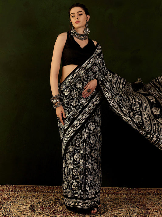 Women's Bhagalpuri Silk Black Printed Designer Saree With Blouse Piece