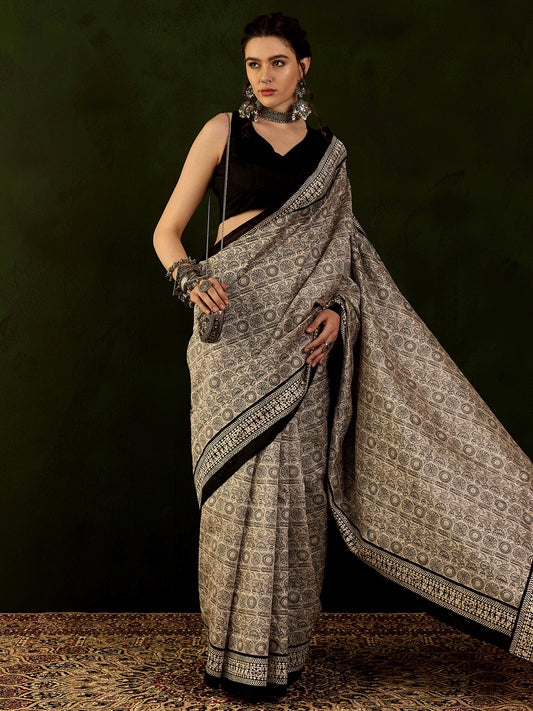 Women's Bhagalpuri Silk Beige Printed Designer Saree With Blouse Piece