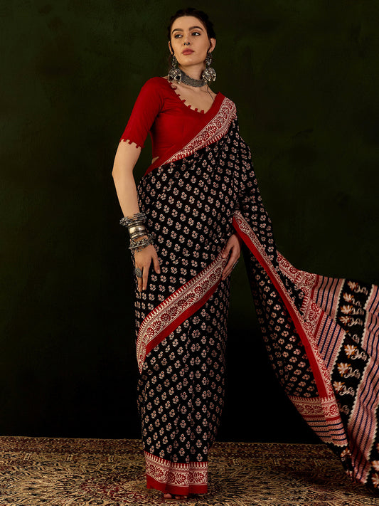 Women's Bhagalpuri Silk Black Printed Designer Saree With Blouse Piece