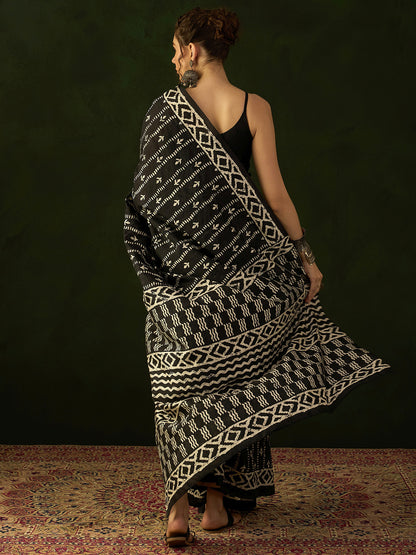 Women's Bhagalpuri Silk Black Printed Designer Saree With Blouse Piece