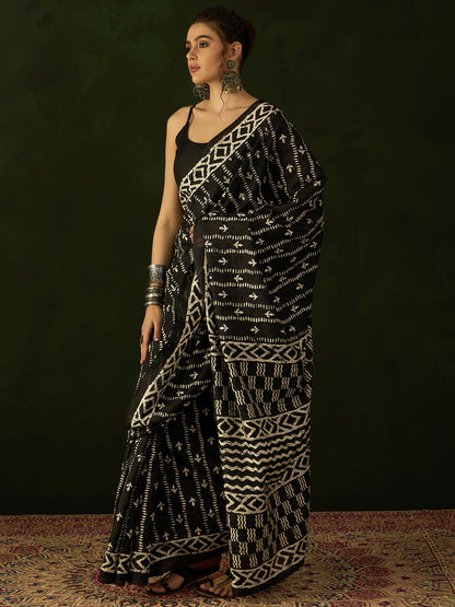 Women's Bhagalpuri Silk Black Printed Designer Saree With Blouse Piece