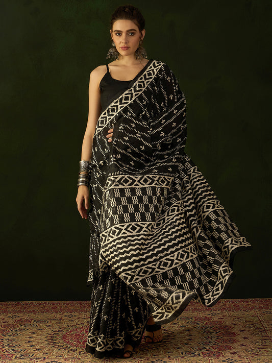 Women's Bhagalpuri Silk Black Printed Designer Saree With Blouse Piece